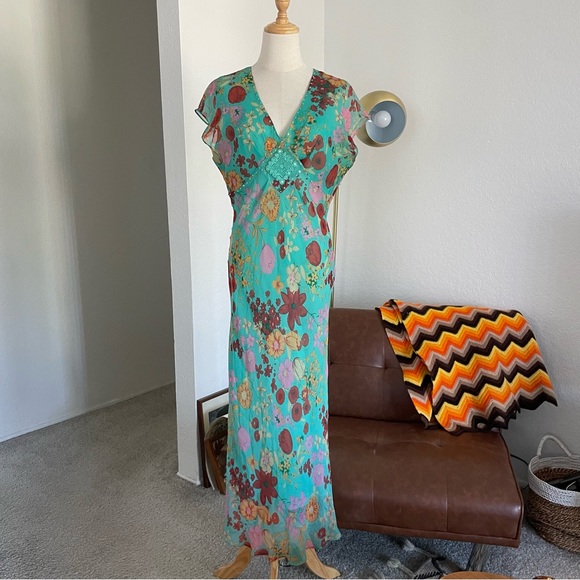 Vintage 1990s Y2K iCe Boho Fairy Floral SIlk Beaded Maxi Dress - Picture 9 of 12